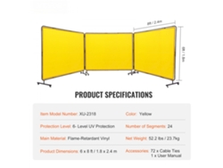Panel de protección para soldadura de 3 secciones, 1,8 x 2,4 m, vinilo amarillo con ruedas Tekmaquinas