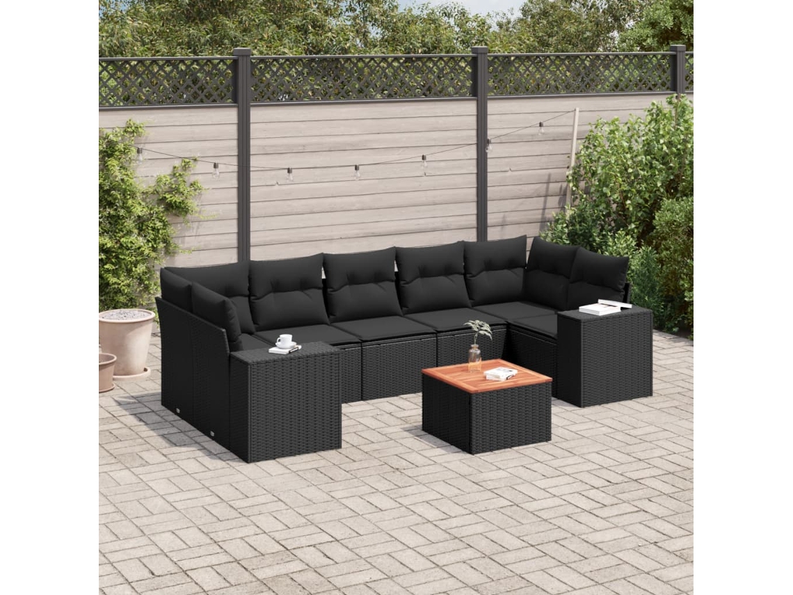 Conjunto de 8 sofás de jardín con cojines de mimbre sintético negro, Dkd Home Decor