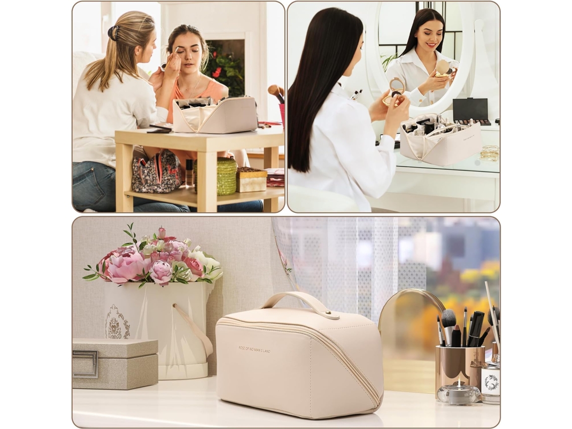 Neceser de maquillaje portátil para mujer en piel sintética, color blanco roto Tommy01