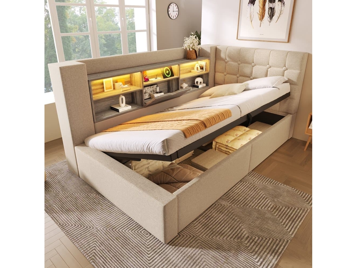 Cama Individual 90x200 - Led, Almacenamiento Hidráulico, Cabecero En L, Montaje Reversible - Beige
