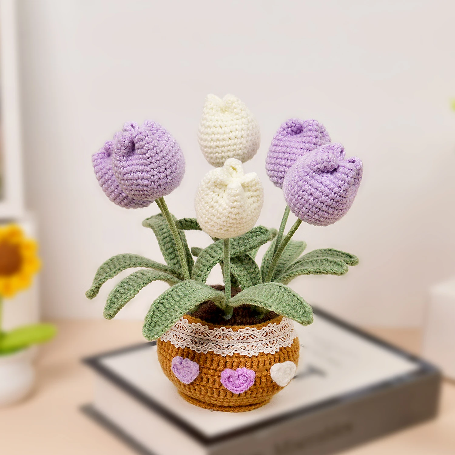 (uno) Ramo De Flores Tejido A Mano, Maceta De Tulipanes Tejida, Decoración Para El Hogar Y Regalo