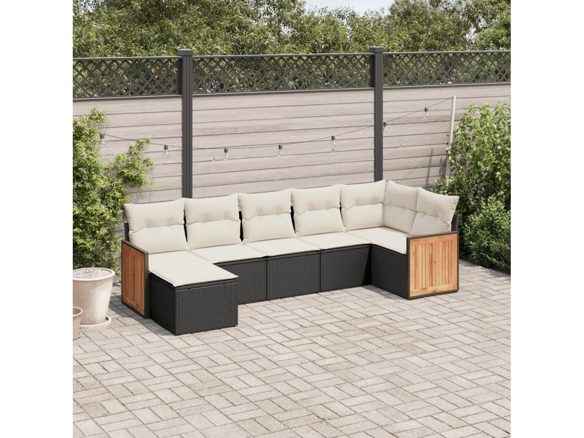 Conjunto de sofá de jardín de 7 piezas con cojines, ratán negro, Dkd Home Decor