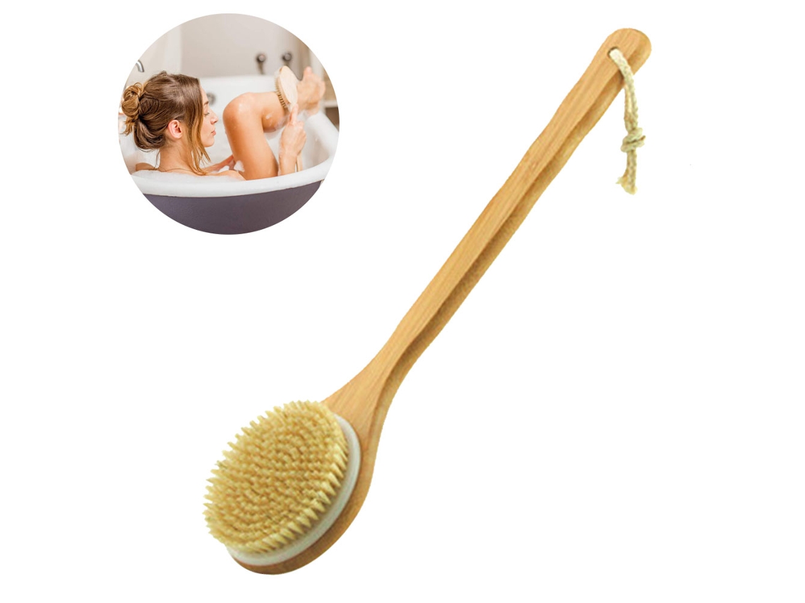 Cepillo de ducha con cerdas naturales Mango largo de bambú Cepillo para el cuerpo del baño para cepillado húmedo o seco: mejora la circulación JEDBESETZT