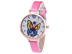 Reloj De Cuarzo Con Correa De Piel Sintética, Estampado De Mariposas Y Decoración Rosa Con Forma De Mano De Niña.