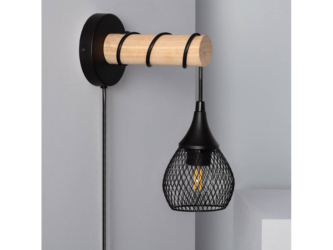 Lámpara de Pared ILUZZIA (Negro - Metal, Madera - 28x23x12 cm)