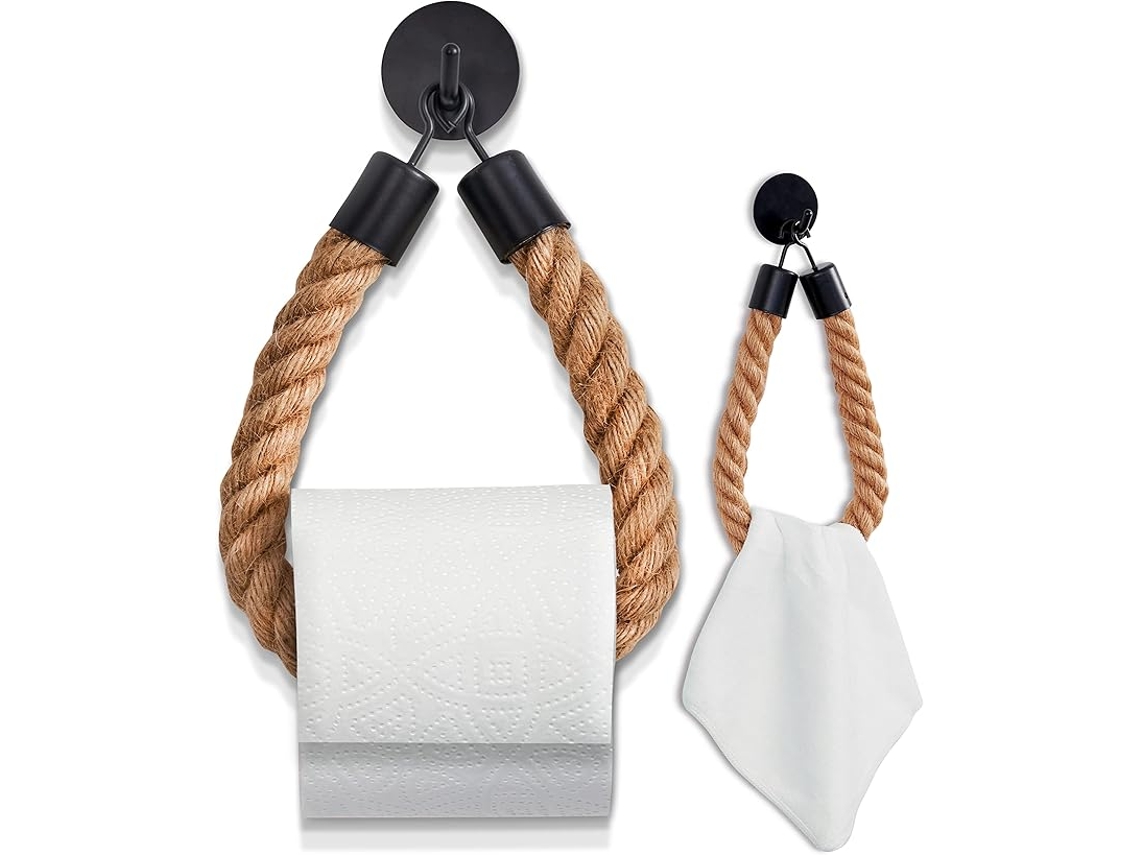 Portarrollos De Papel Higiénico - No Requiere Taladrar - Cuerda De Algodón Tejida A Mano - Montaje En Pared - Negro Mate
