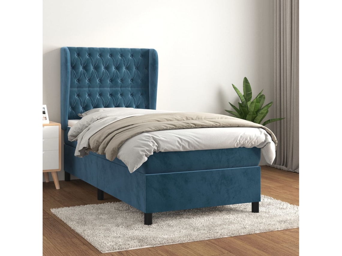 Cama Box Spring Con Colchón Terciopelo Azul Oscuro 100x200 Cm