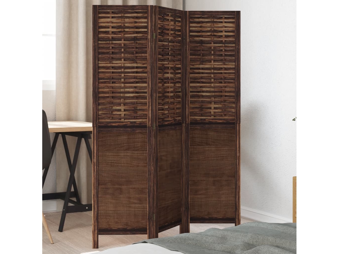 Biombo de 3 paneles de madera maciza de paulownia, color marrón oscuro, WSD397654 Lovely Home