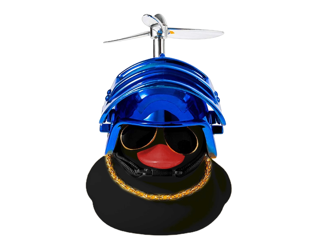 Pequeno pato-rebe preto com capacete, decoração externa multiuso para carro, motocicleta, quarto ou painel de instrumentos.