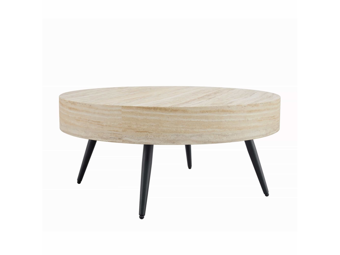 Mesa De Café Redonda 70 Cm - Estilo Minimalista, Mdf Con Efecto Madera Travertino, Patas De Metal Negro - Negro,madera
