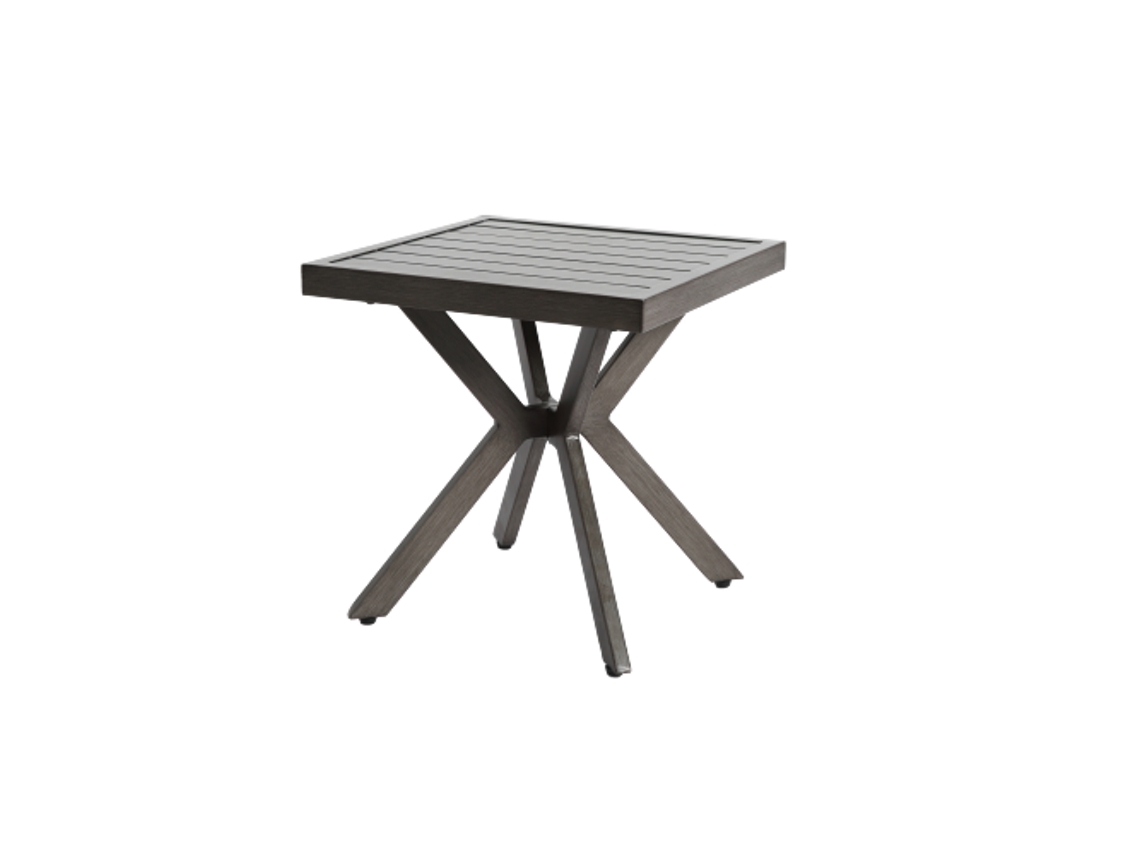Mesa auxiliar cuadrada de aluminio para uso en exteriores, ideal para patios, jardines y áreas de piscina.