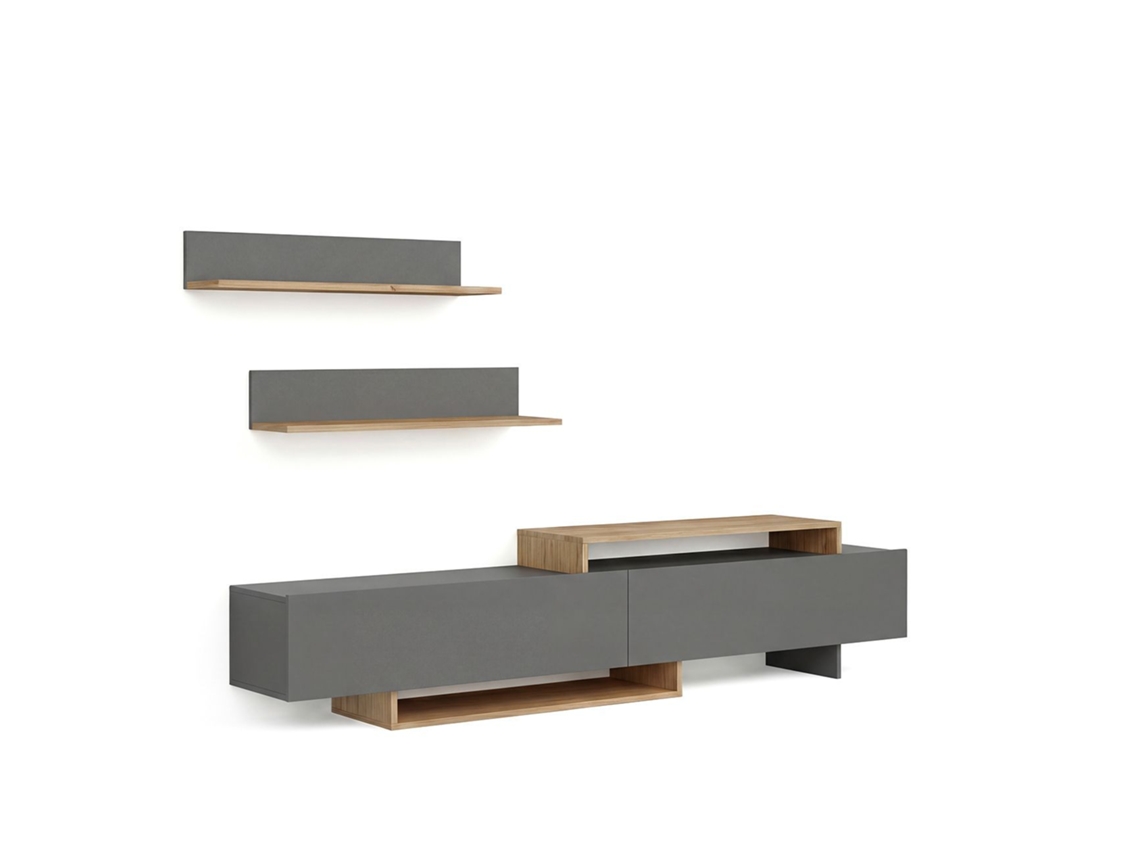 Salón con mueble TV y estanterías 200 cm Bender Gris Grafito - Alpino 200 x 46 x 33 cm