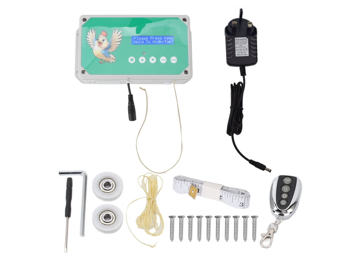 Controlador automático para puerta de gallinero, resistente al agua IP44, con temporizador y mando a distancia, 100-240 V, enchufe británico.