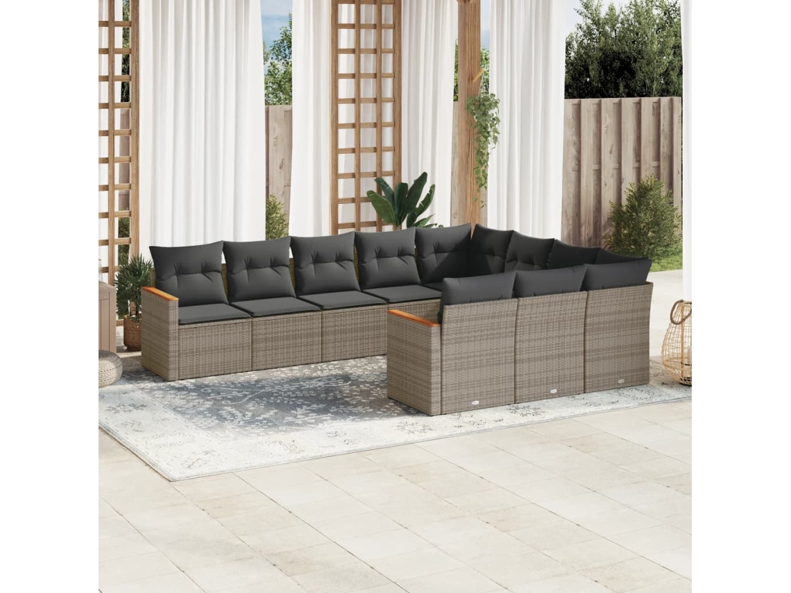 Conjunto de sofá de jardín de 10 piezas con cojines, ratán gris, DKD Home Decor
