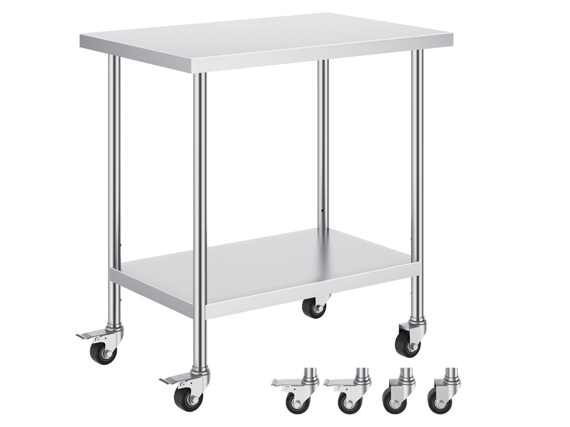 Mesa de Trabajo de Acero Inoxidable 91x61cm con 3 Alturas Ajustables y Ruedas Tekmaquinas