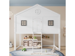 Cama Tipo Casa 90x200cm - Con Escalera, Protección Anticaídas, Dos Ventanas Grises - Blanco+gris
