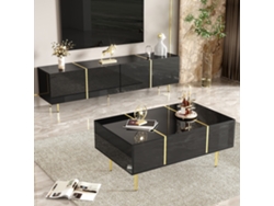 Conjunto Móvil Tv, 170x35x46 Cm, Detalles Dorados, 4 Puertas, Mesa De Centro, Para Pantalla Grande, Negro Brillante
