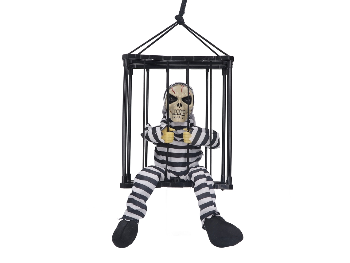 Ats-adorno De Halloween Con Calavera En Jaula, Ojos Brillantes Y Gritos Fantasmagóricos, Props De Halloween Con Batserías