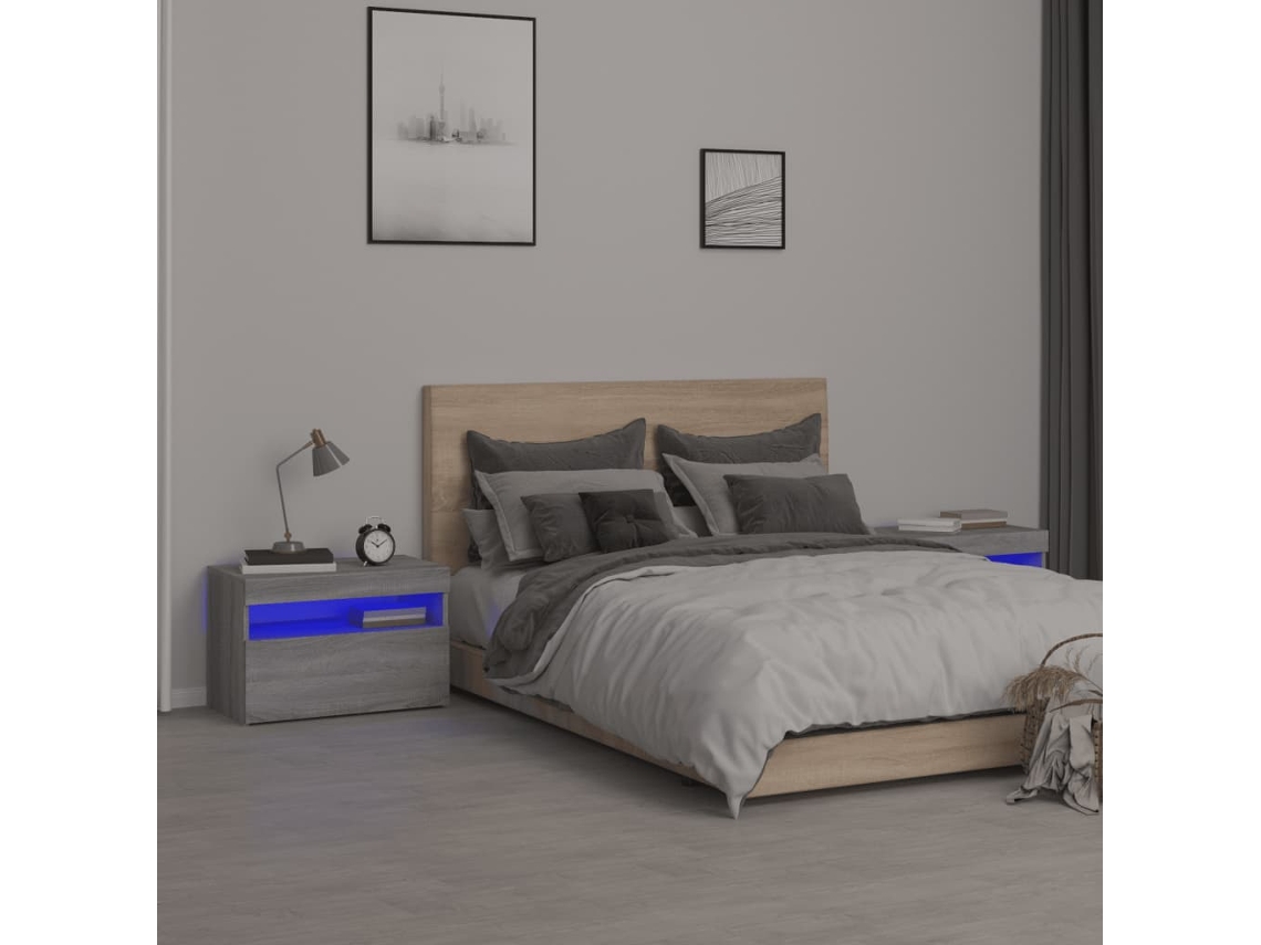 Cabecero Mesitas Noche Luces Led Uds Madera Gris (60x35x40cm)