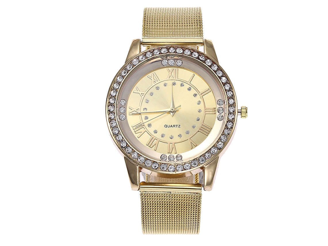 Reloj De Pulsera Unisex De Moda Con Correa De Malla Diamante Oro Cuarzo