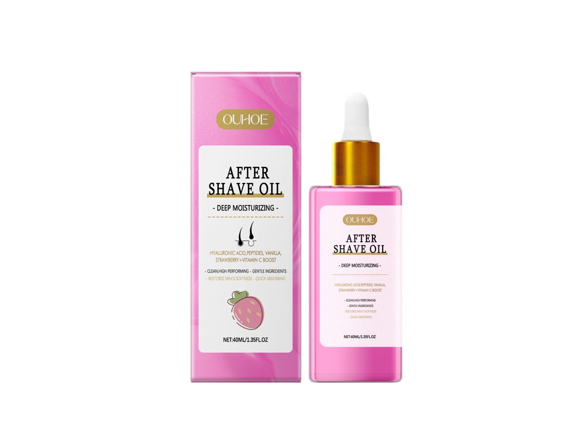 Aceite esencial con aroma a fresa para el cuidado posterior a la depilación y el afeitado.