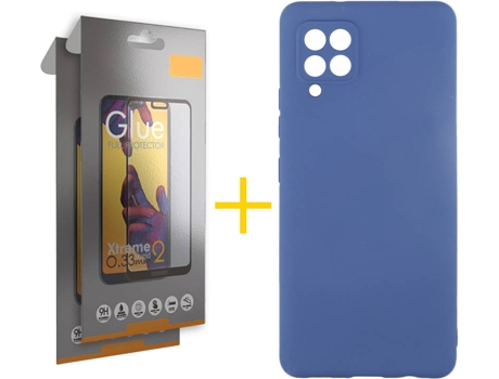Carcasa y 2 Protectores de Pantalla de Vidrio Full Samsung A42 4G SKYHE Silicona Líquida Azul