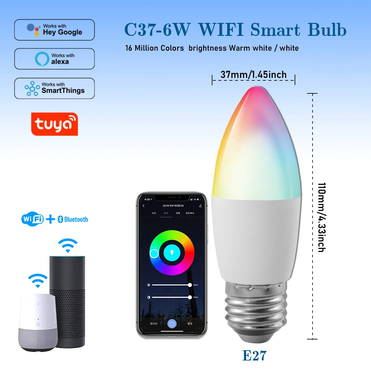(e27, 9 Unidades) Bombilla Led Rgb Inteligente Con Forma De Vela Graffiti, Wifi, Bluetooth, Control Remoto Por Aplicación, Ideal Para Decoración.