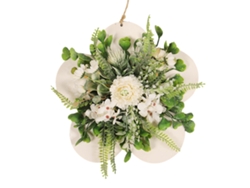 Placa colgante de madera con flores artificiales de 30 cm, blanca