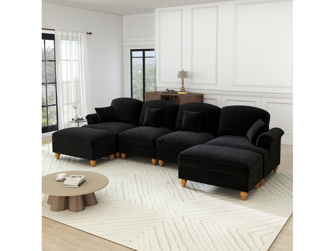 Sofá modular de 4 plazas en forma de U en chenilla con brazos cónicos y faldón extraíble, además de pufs y mobiliario, negro, MOBRIO