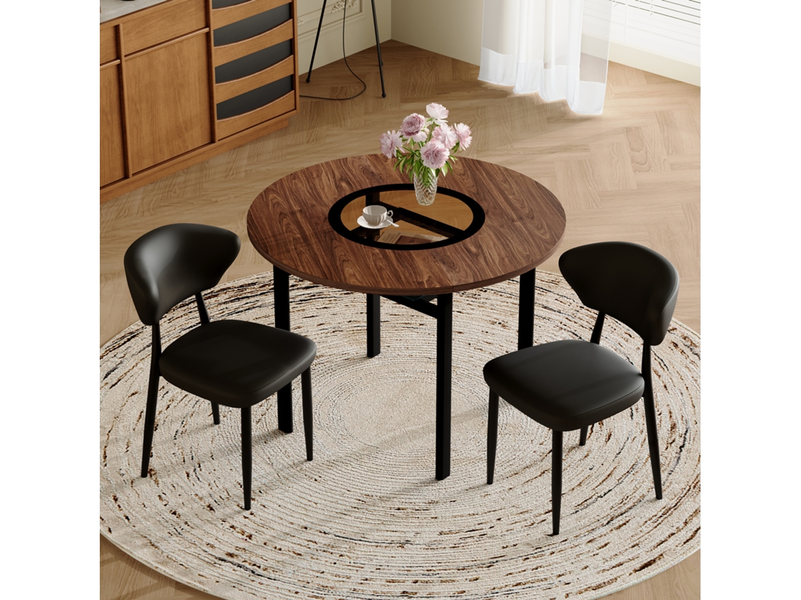 Conjunto Mesa Redonda 100 Cm - 2 Sillas Negras Pu, Respaldo Curvado - Marrón+negro