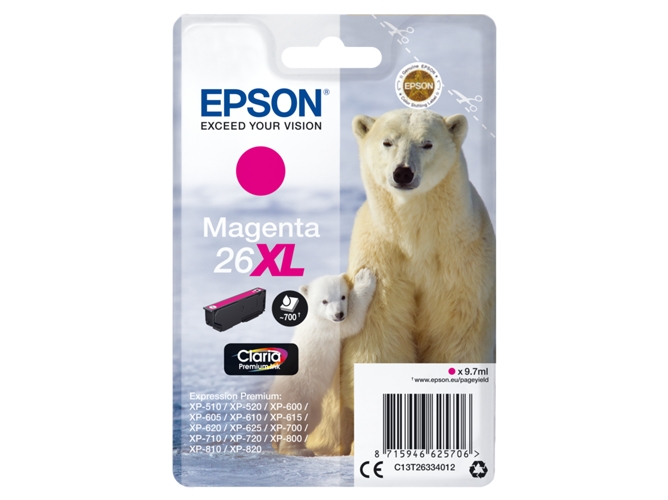 Cartucho de tinta original EPSON, 26XL, Oso polar 9,7 ml , Magenta, C13T26334012, T2633
