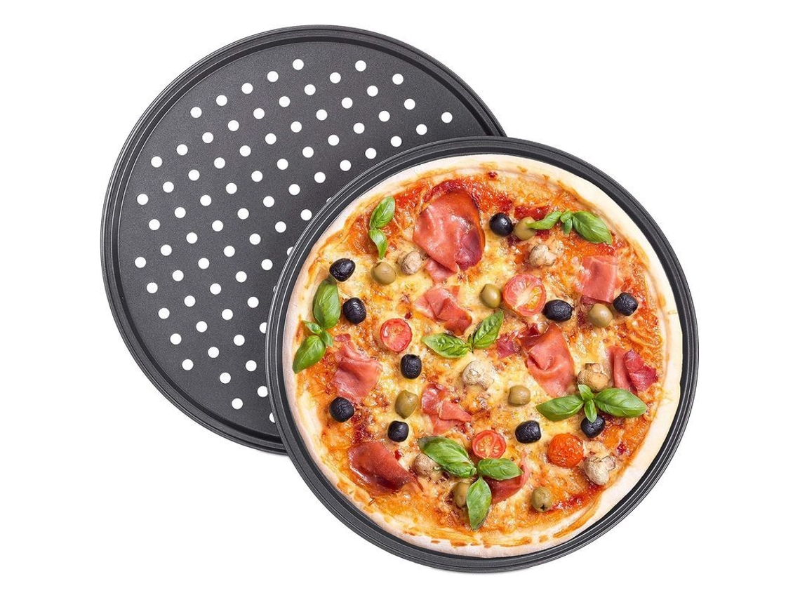 Juego de 2 bandejas redondas perforadas para pizza Rebe, fabricadas en acero al carbono, color gris, Ø 32 cm.