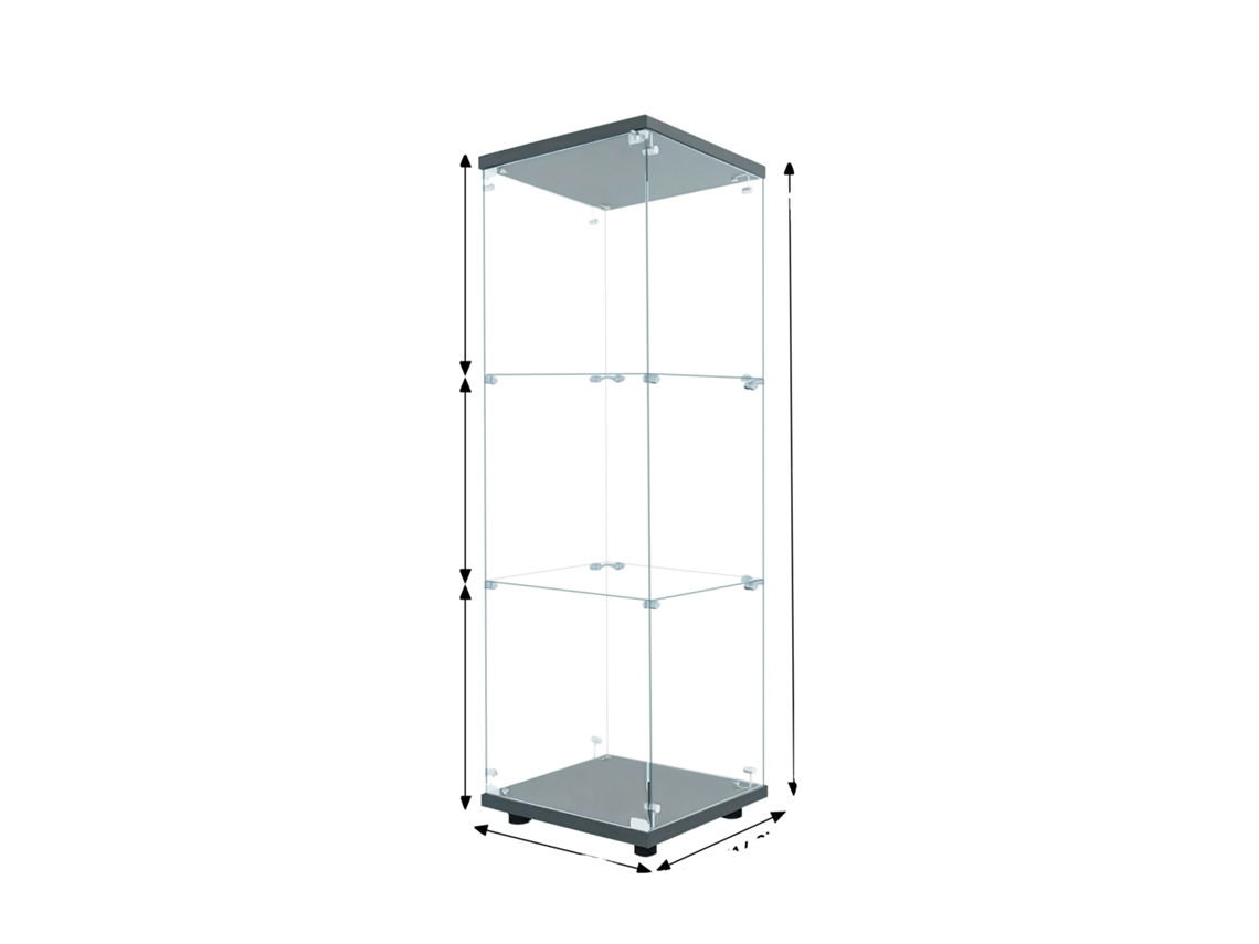 Vitrina de cristal con iluminación LED, diseño que ahorra espacio, tres estantes negros e iluminación.