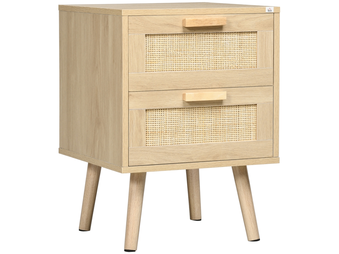 Mesita De Noche Cannage Con 2 Cajones Y Patas De Madera Natural.