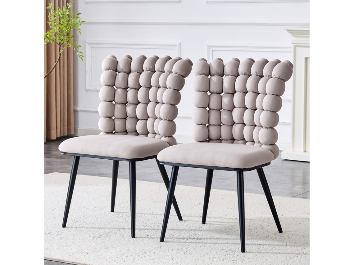 Juego de 2 sillas de comedor con cadenas de cuentas en terciopelo gris claro, patas de metal pintado en negro, soporte estable, BAGOLY