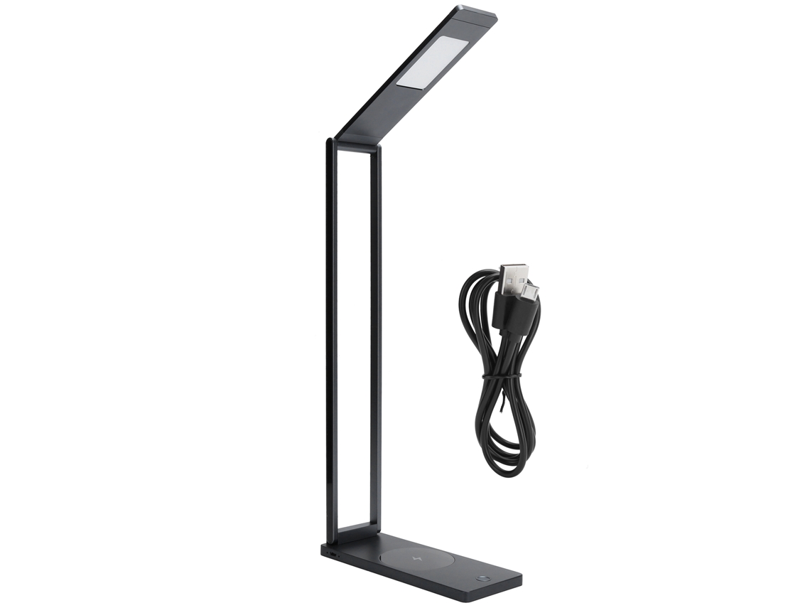 Lámpara de oficina LED regulable 2026 en aleación de aluminio con puerto de carga USB.