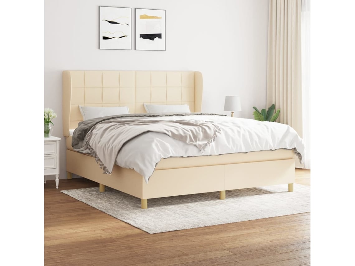 Cama Box Spring Con Colchón Tela Color Crema 180x200 Cm
