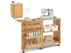 Mesa de costura plegable Succebuy con ruedas bloqueables, estantes, bandejas y puerta, color madera