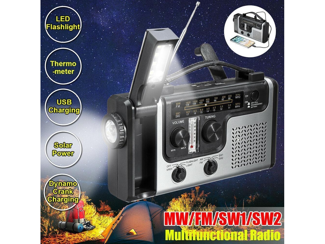 Radio portátil de emergencia para exteriores con energía solar y manivela, linterna, alarma SOS y recepción de informes meteorológicos. Viewleaf