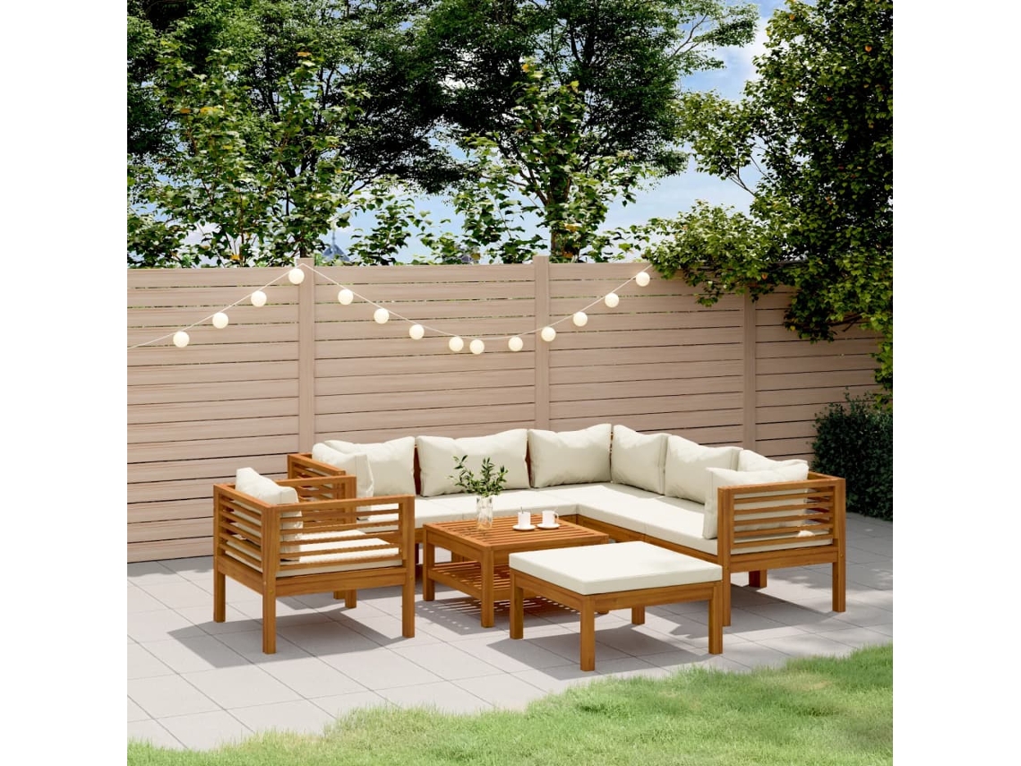 Conjunto Lounge 8 Pcs Jardim C/ Almofadões Creme Acácia Macíça Dkd Home Decor