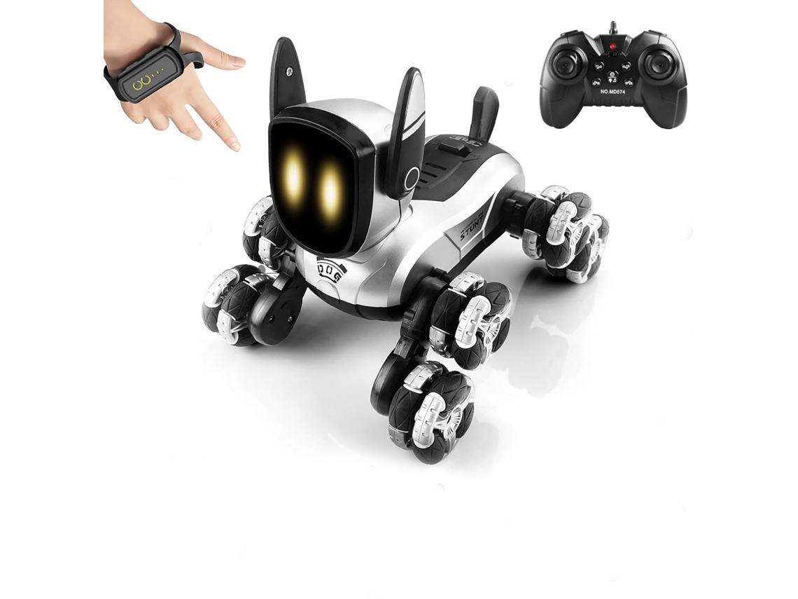 Juguete Robot Para Perro, 2,4 Ghz, 8wd, Con Detección De Gestos, Coche Acrobático Teledirigido Con Ojos Led Y Rotación De 360° (negro)