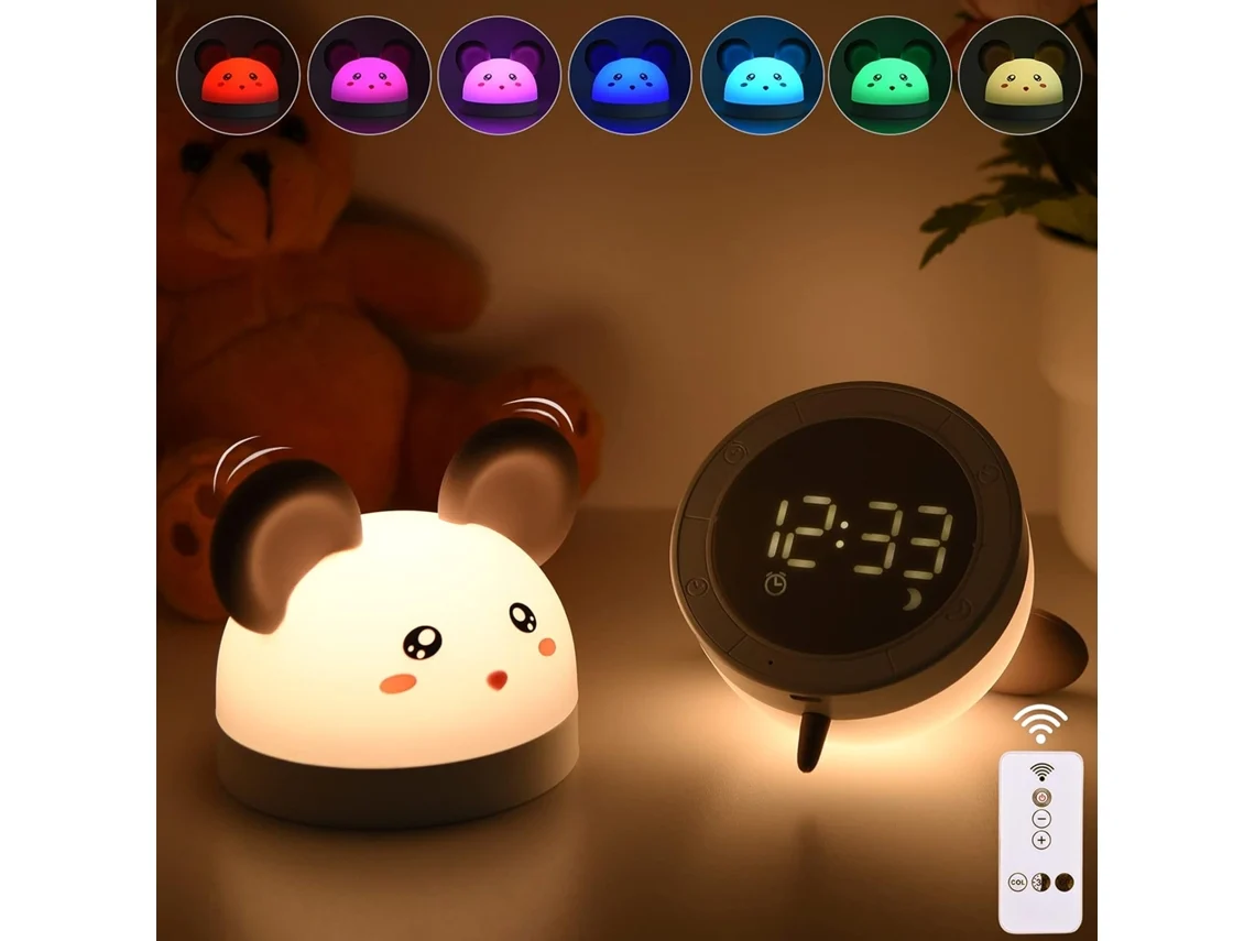 KOFIHETY Luz Nocturna para Niños 3 en 1 Reloj con Alarma y Luz LED 7 Colores Portátil en Silicona Control de Brillo Ajustable con Mando a Distancia USB Recarga