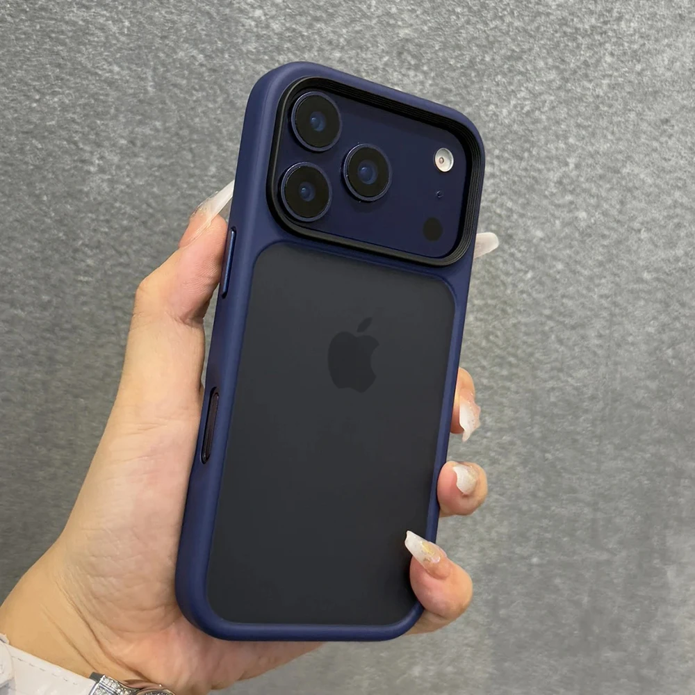 (iphone 17 Azul) Funda Para Iphone Transparente Con Botón Metálico Y Marco Transparente.
