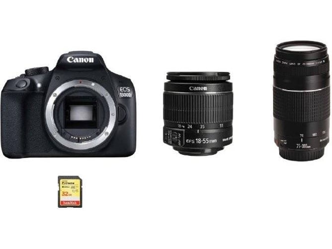 Kit Cámara Réflex CANON EOS 1300D EF-S 18-55mm F3.5-5.6 IS II + EF 75-300mm F4-5.6 III + SD 32GB
