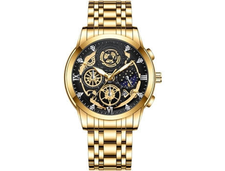 VEANXIN Hombres Relojes Huecos Diamante Luna Estrellas Reloj de Pulsera Impermeable-Oro