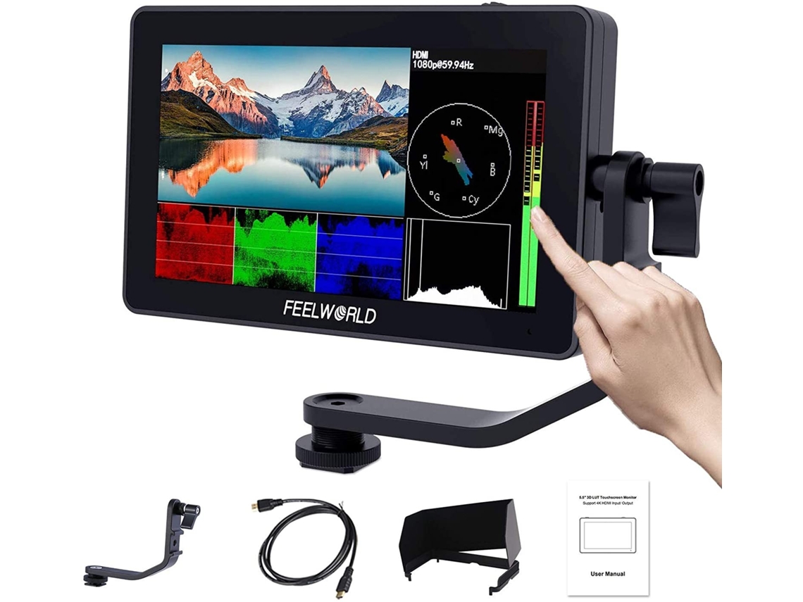 Monitor de cámara Feelworld F6 Plus con pantalla táctil de 5,5 pulgadas y soporte 4K.