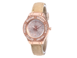 Reloj De Pulsera De Cuarzo Para Mujer Con Correa De Piel Sintética Y Esfera Con Pedrería Beige.