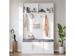 Perchero Con Banco Para Zapatos 120x40x191 Cm - 6 Ganchos Triples - Freestanding - Blanco
