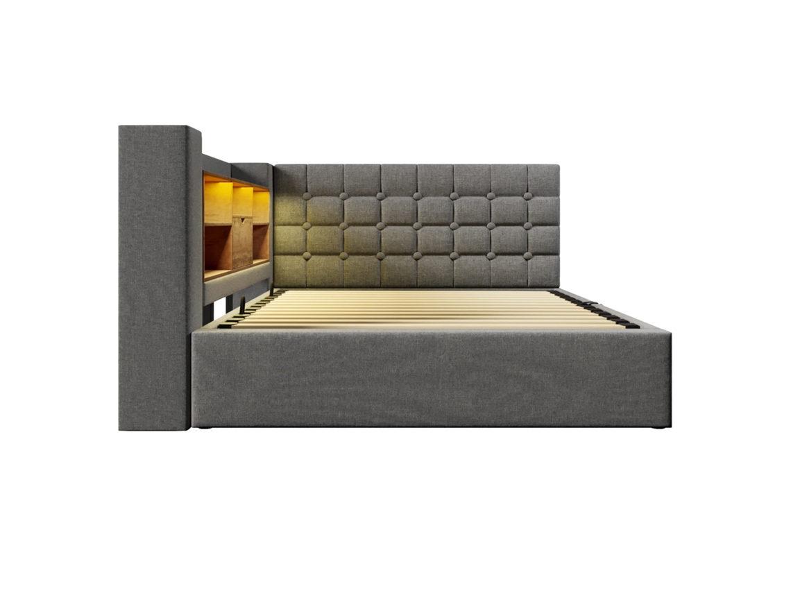 Cama Tapizada 140x200 - Led, Almacenamiento Hidráulico, Cabecero En L, Reversible - Gris