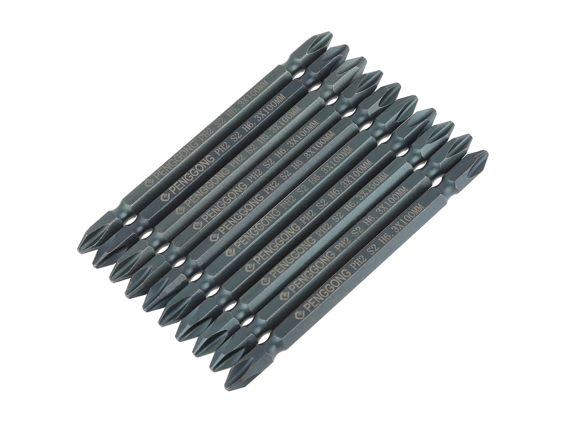 Juego de 10 puntas de destornillador de acero S2 Phillips de doble punta de 1/4 de pulgada y 100 mm Ph2
